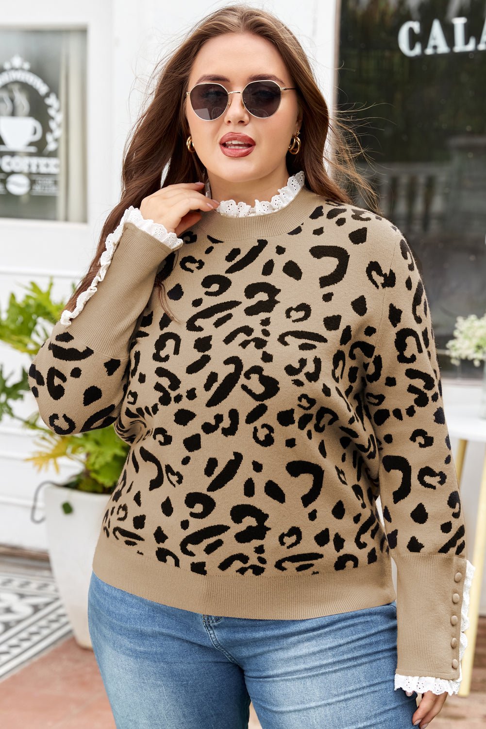 Brown Leopard Knitted Lacy Trim Cuffed Plus Size Sweater - Goddess Vibes