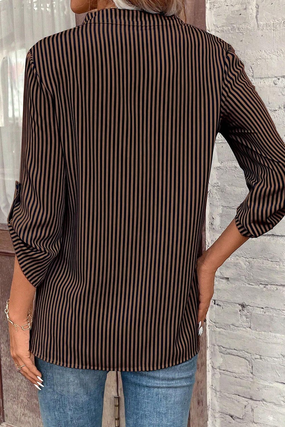 Brown Stripe V Neck Roll Up Sleeve Pocket Patched Classic Shirt - Goddess Vibes