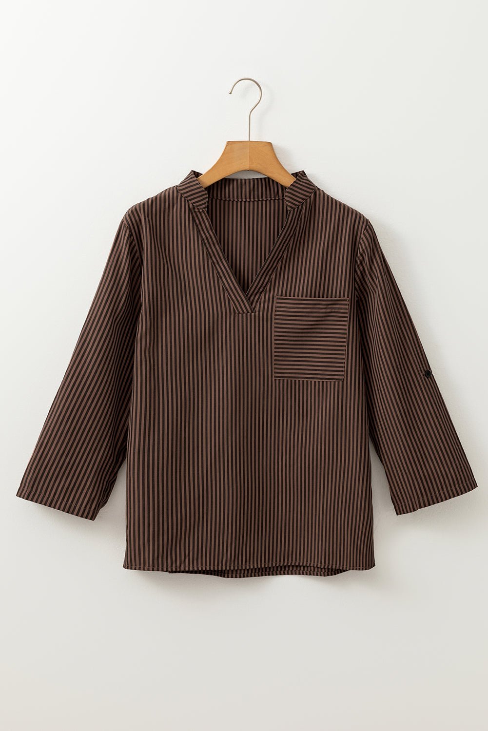 Brown Stripe V Neck Roll Up Sleeve Pocket Patched Classic Shirt - Goddess Vibes