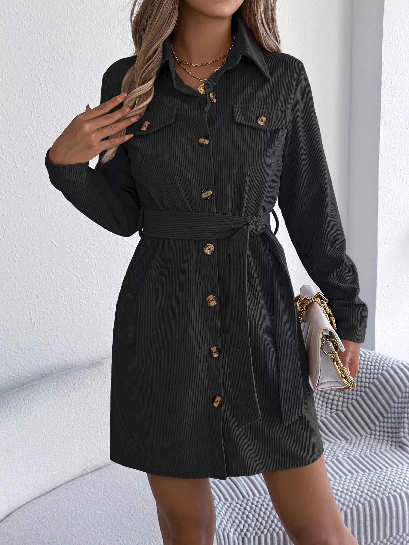 Button - Front Corduroy Shirt Dress - Goddess Vibes