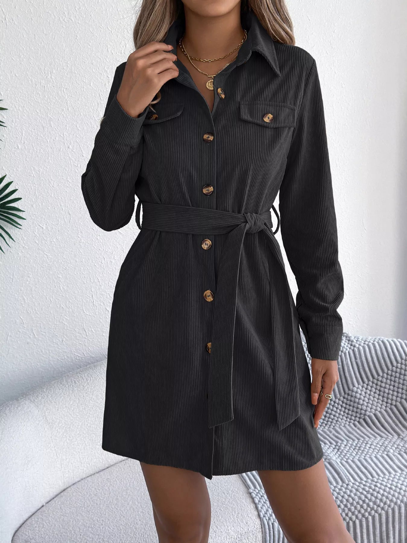Button - Front Corduroy Shirt Dress - Goddess Vibes