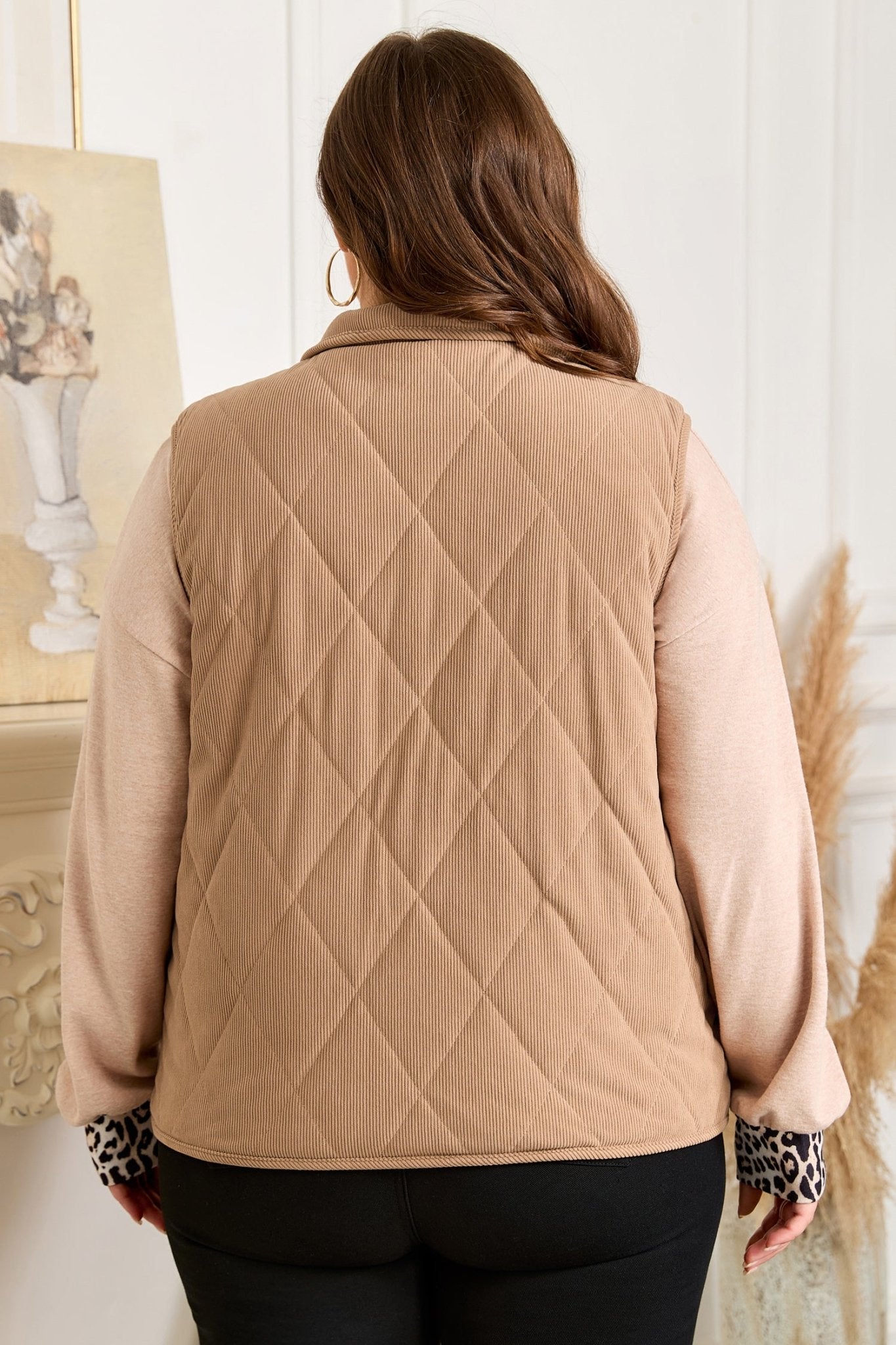 Camel Plus Size Quilted Cord Snap Button Vest Jacket - Crowned Energy CO.