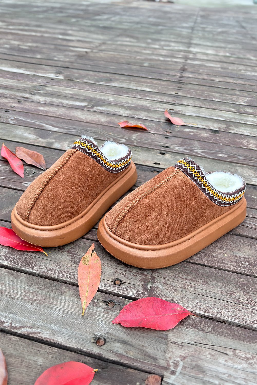 Chestnut Contrast Edge Suede Plush Lined Thick Sole Winter Slippers - Goddess Vibes