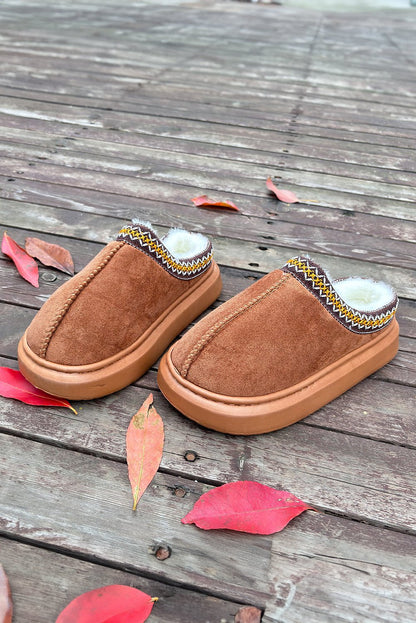 Chestnut Contrast Edge Suede Plush Lined Thick Sole Winter Slippers - Goddess Vibes