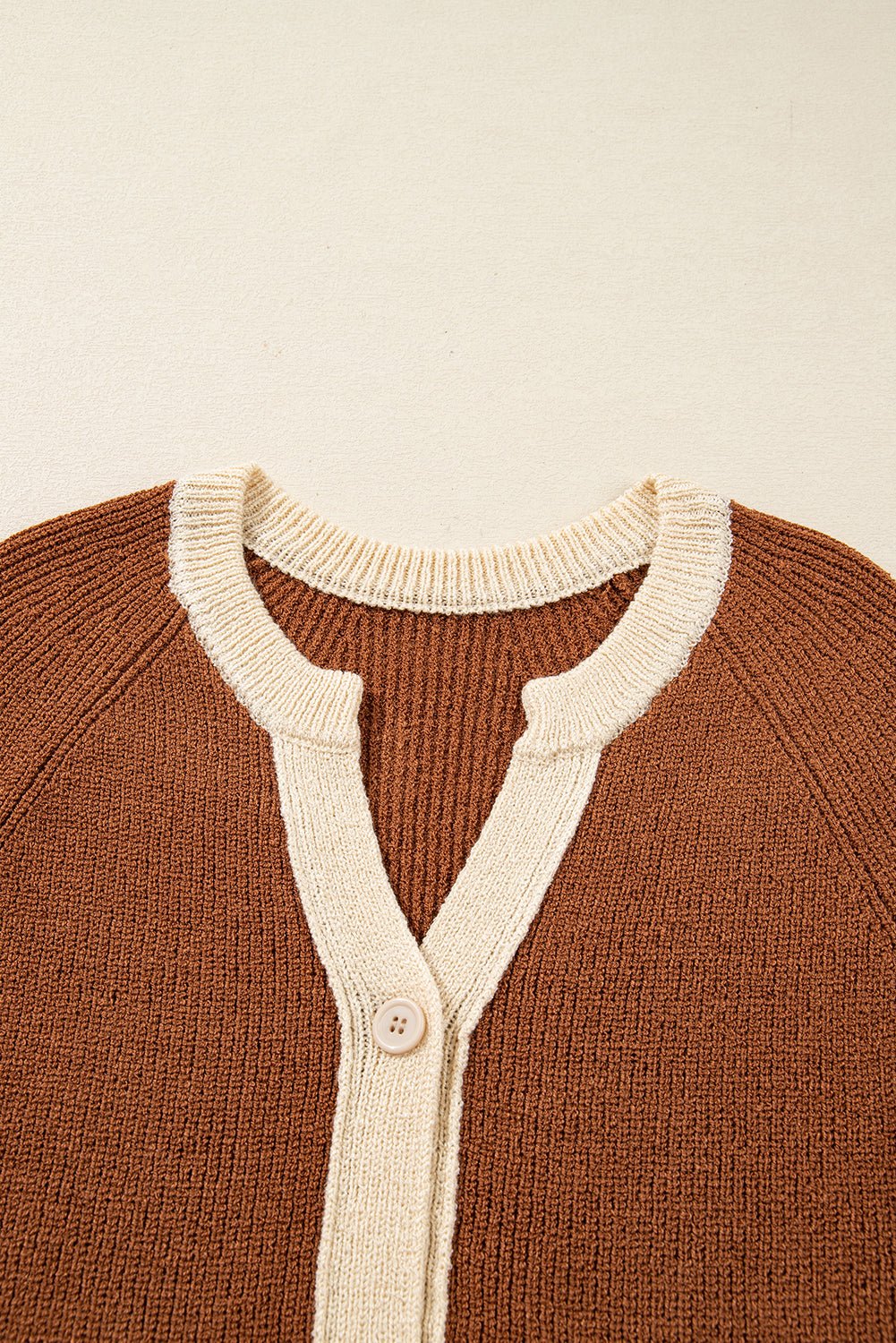 Chestnut Contrast Knit V Neckline Short Cardigan - Goddess Vibes