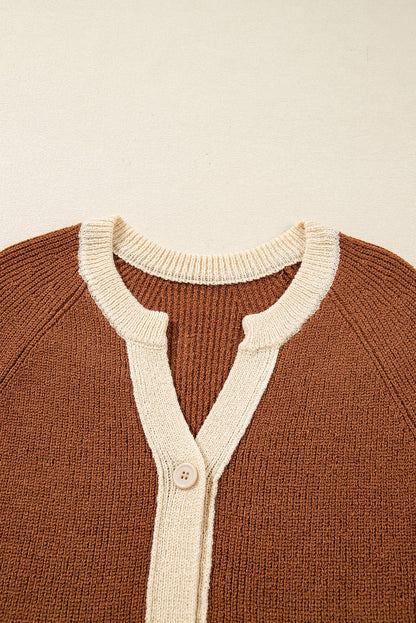 Chestnut Contrast Knit V Neckline Short Cardigan - Goddess Vibes