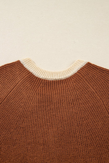 Chestnut Contrast Knit V Neckline Short Cardigan - Goddess Vibes