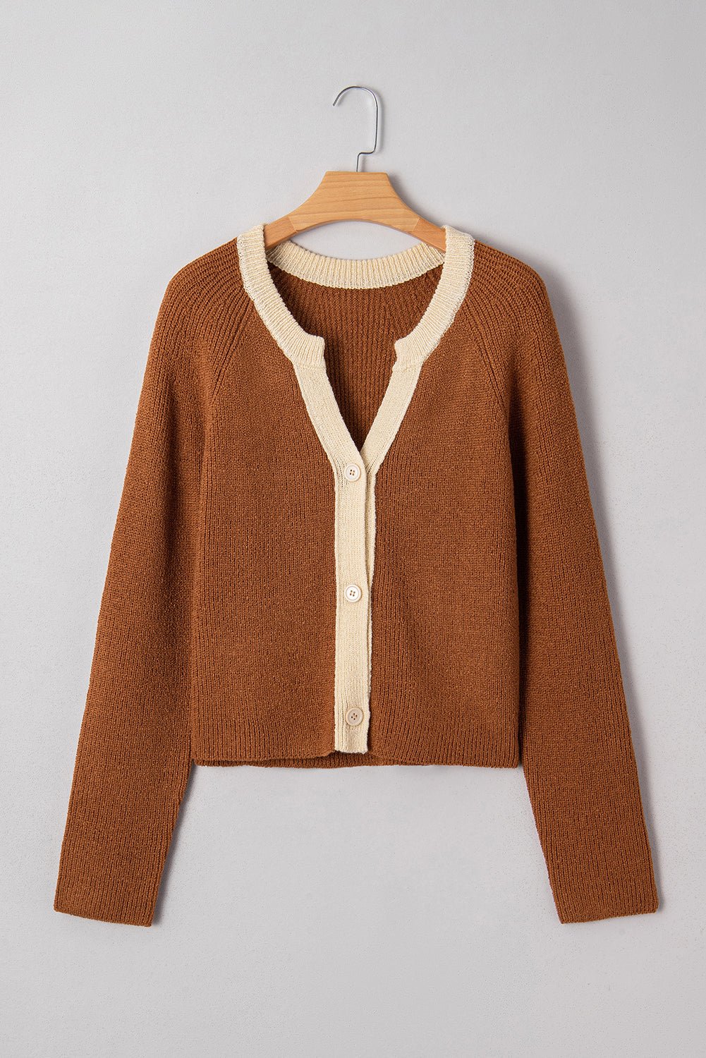 Chestnut Contrast Knit V Neckline Short Cardigan - Goddess Vibes