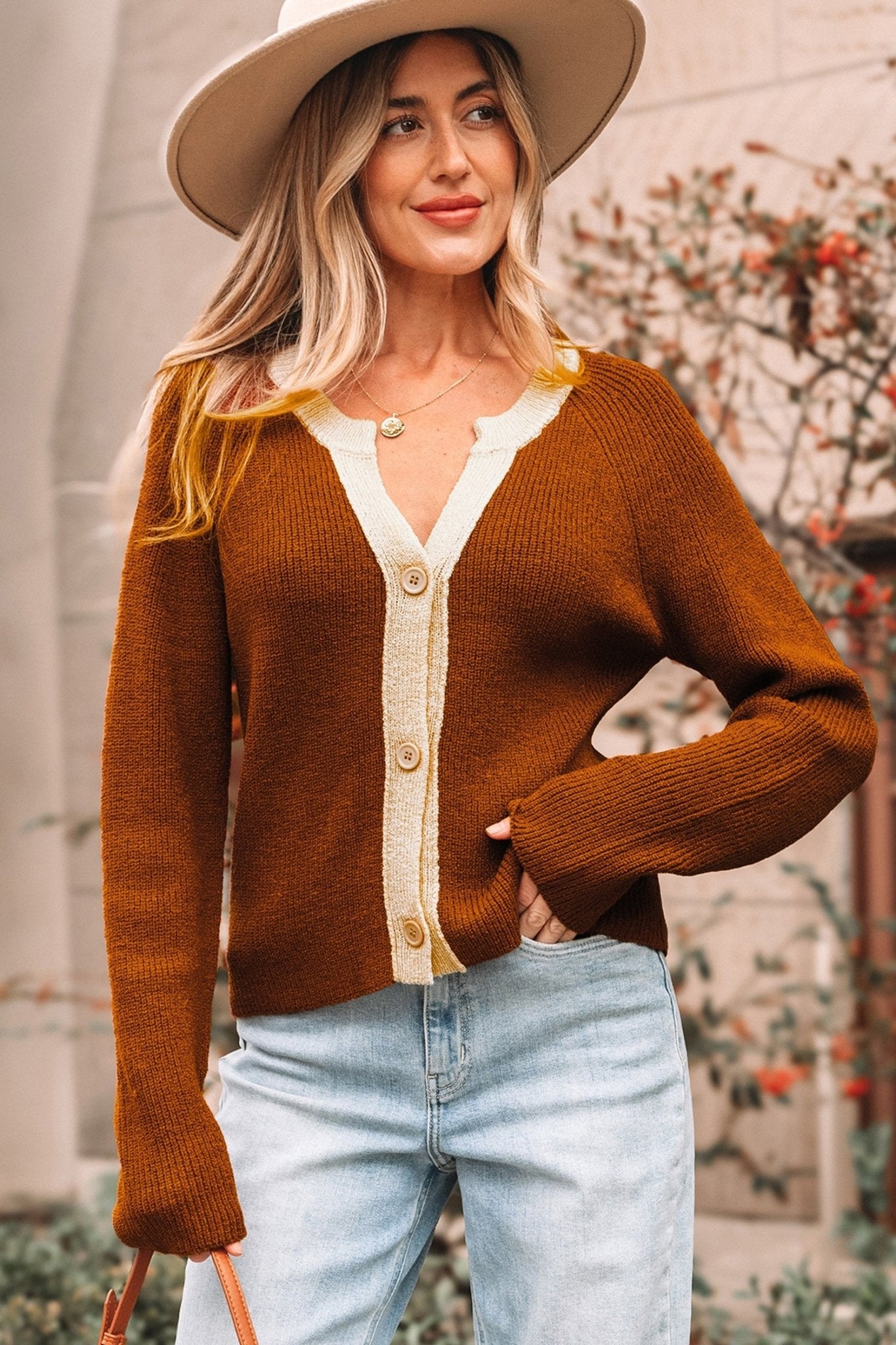 Chestnut Contrast Knit V Neckline Short Cardigan - Crowned Energy CO.