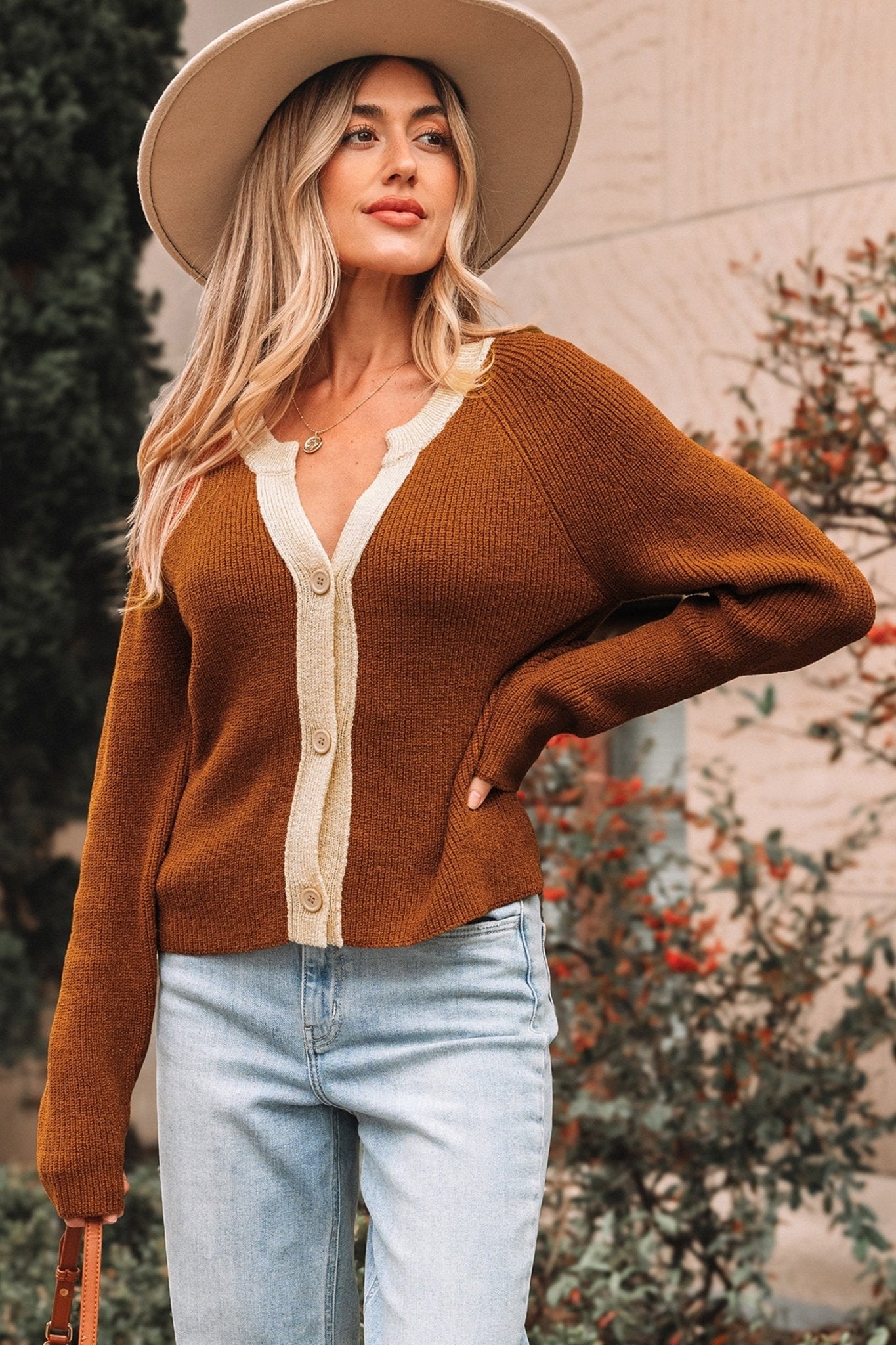 Chestnut Contrast Knit V Neckline Short Cardigan - Crowned Energy CO.