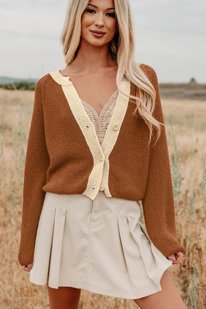 Chestnut Contrast Knit V Neckline Short Cardigan - Goddess Vibes