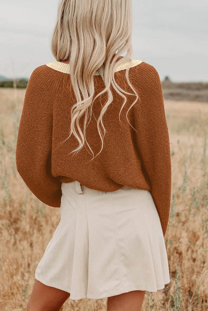 Chestnut Contrast Knit V Neckline Short Cardigan - Goddess Vibes
