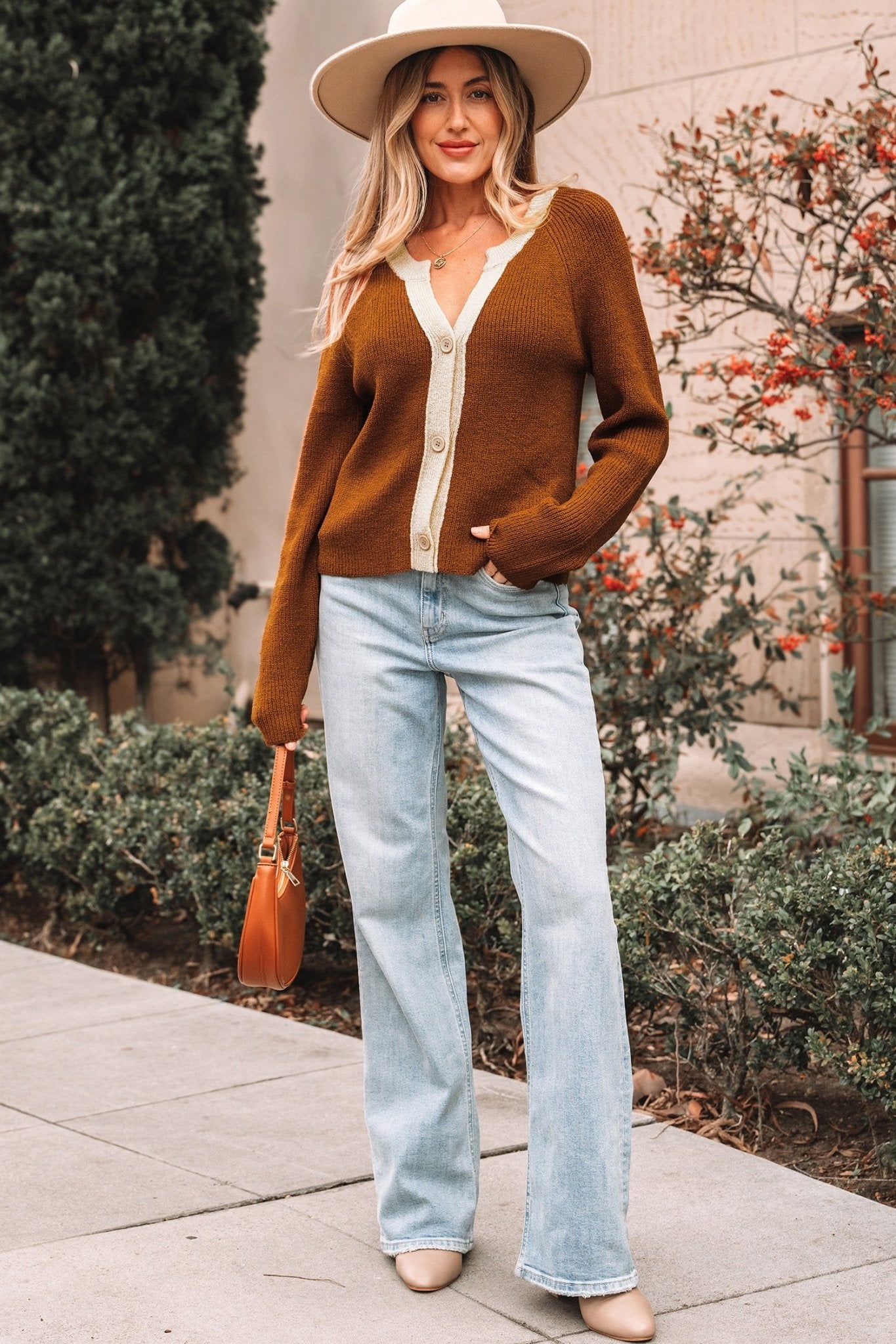 Chestnut Contrast Knit V Neckline Short Cardigan - Crowned Energy CO.