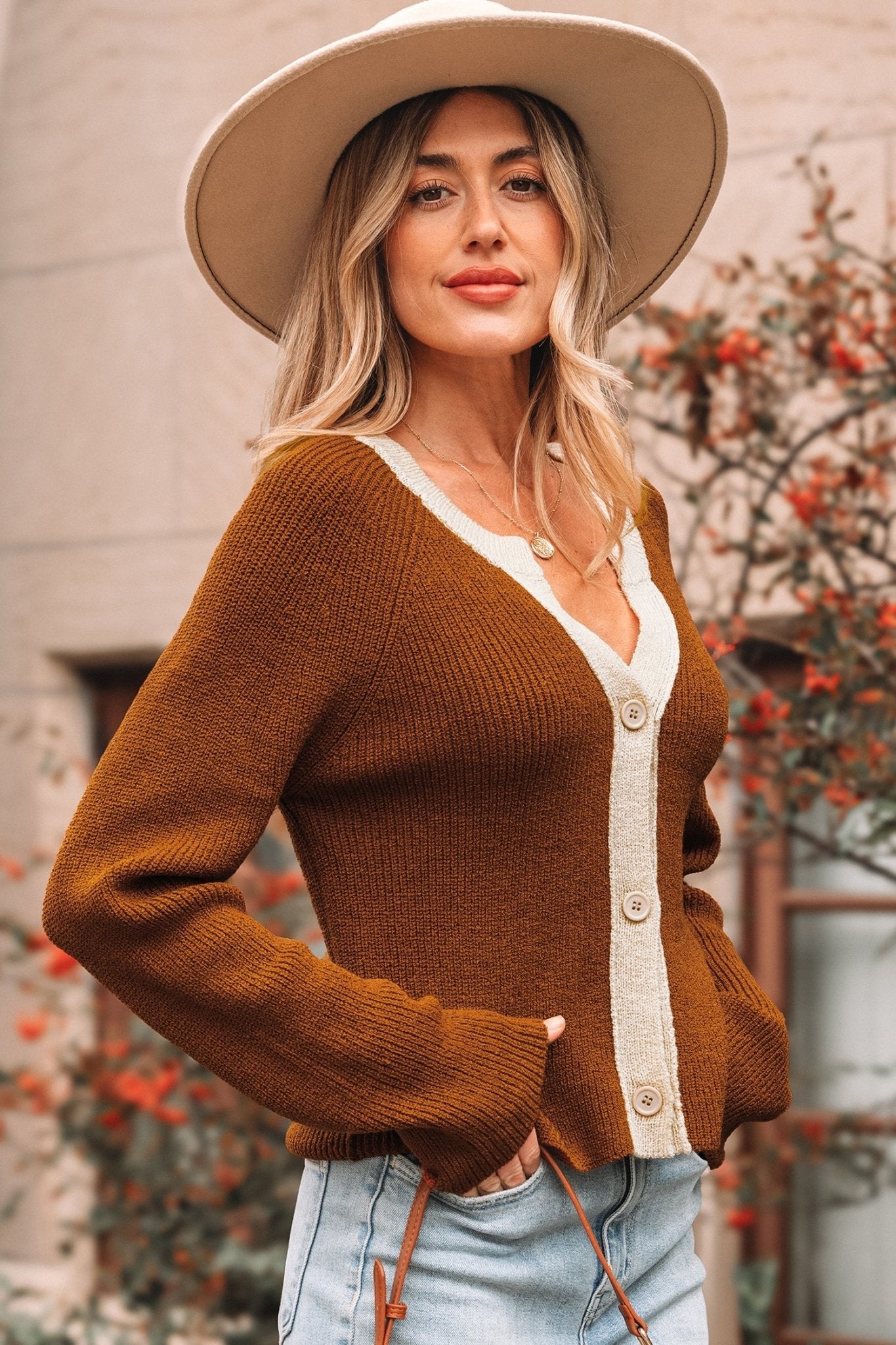 Chestnut Contrast Knit V Neckline Short Cardigan - Crowned Energy CO.
