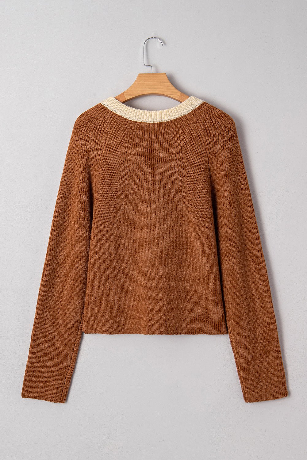Chestnut Contrast Knit V Neckline Short Cardigan - Goddess Vibes