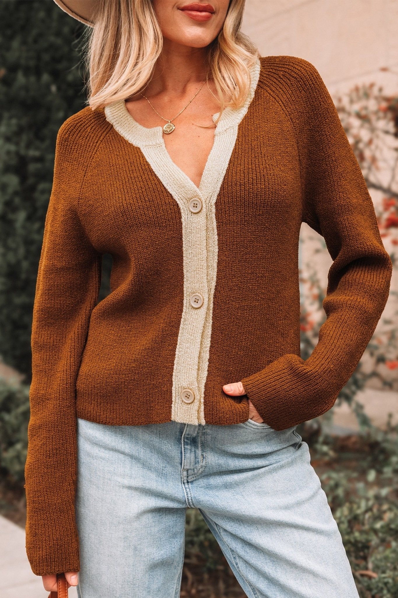 Chestnut Contrast Knit V Neckline Short Cardigan - Crowned Energy CO.