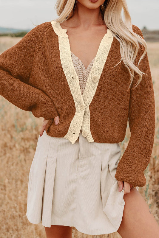 Chestnut Contrast Knit V Neckline Short Cardigan - Goddess Vibes