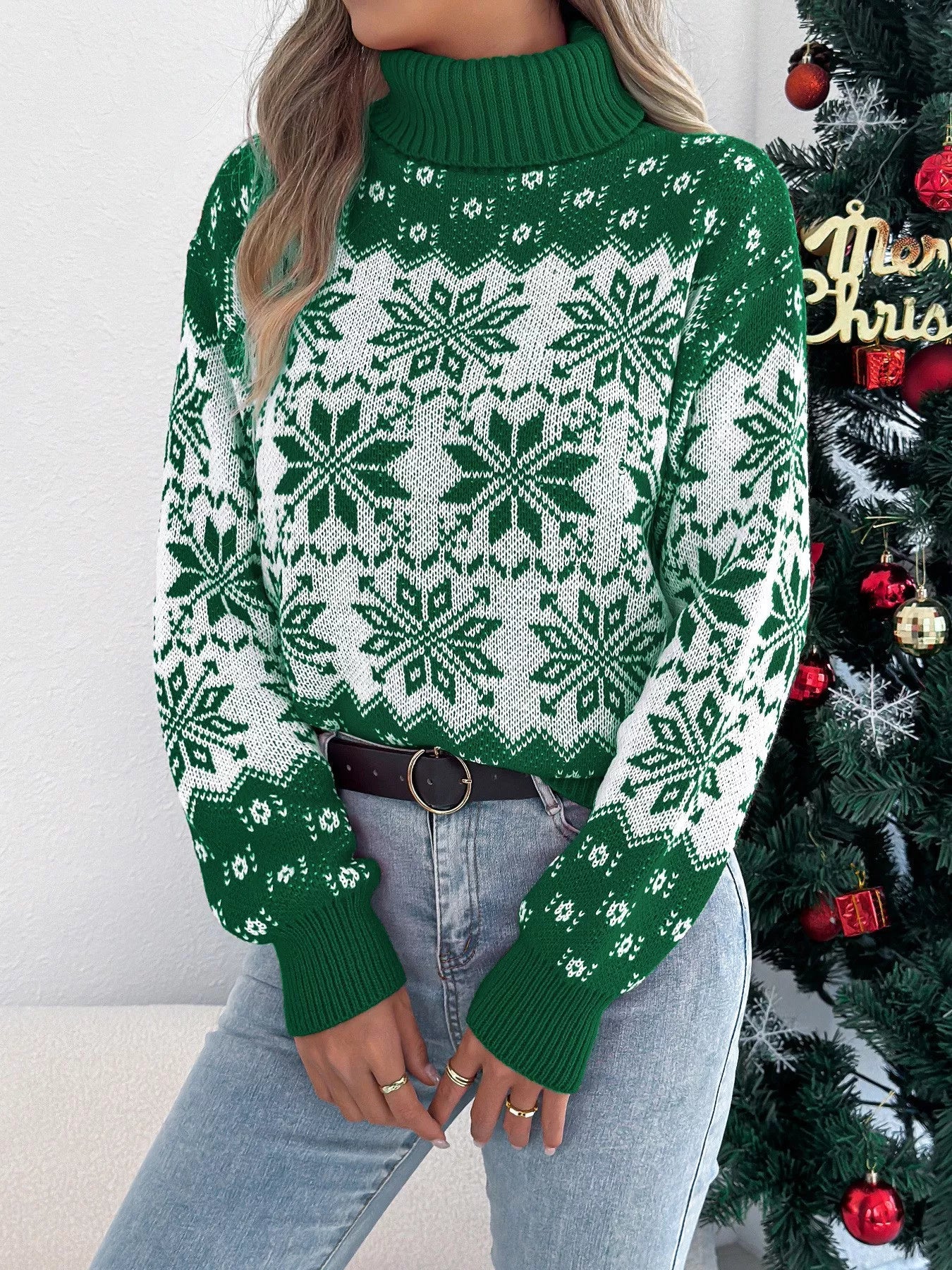 Christmas Snowflake Turtleneck Long Sleeve Sweater - Goddess Vibes