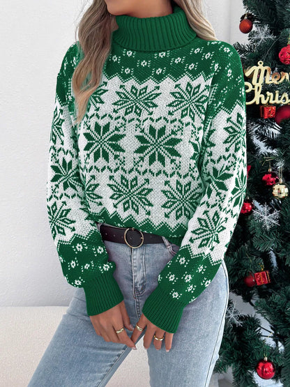 Christmas Snowflake Turtleneck Long Sleeve Sweater - Goddess Vibes