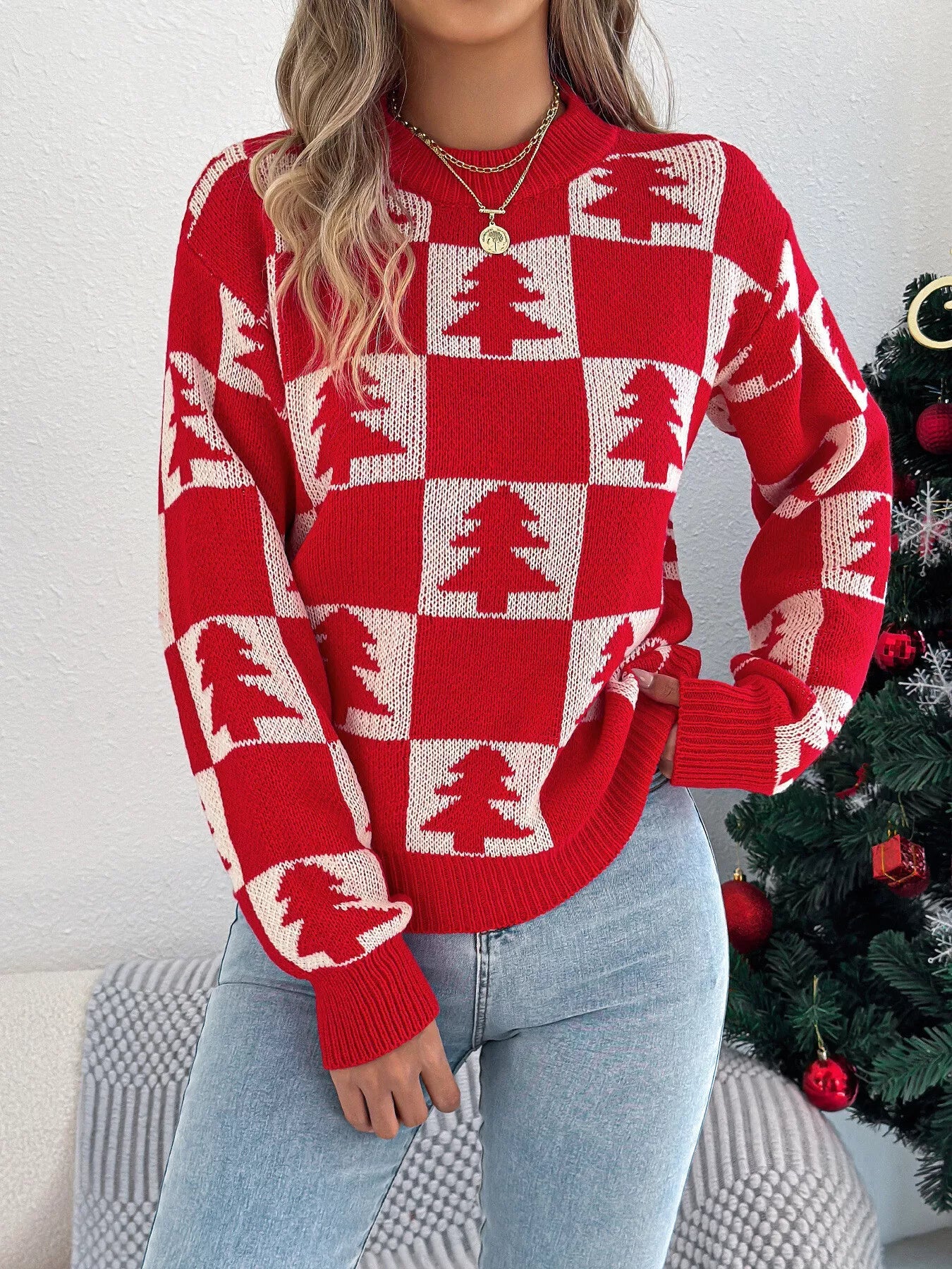 Christmas Tree Checkerboard Pattern Sweater - Goddess Vibes