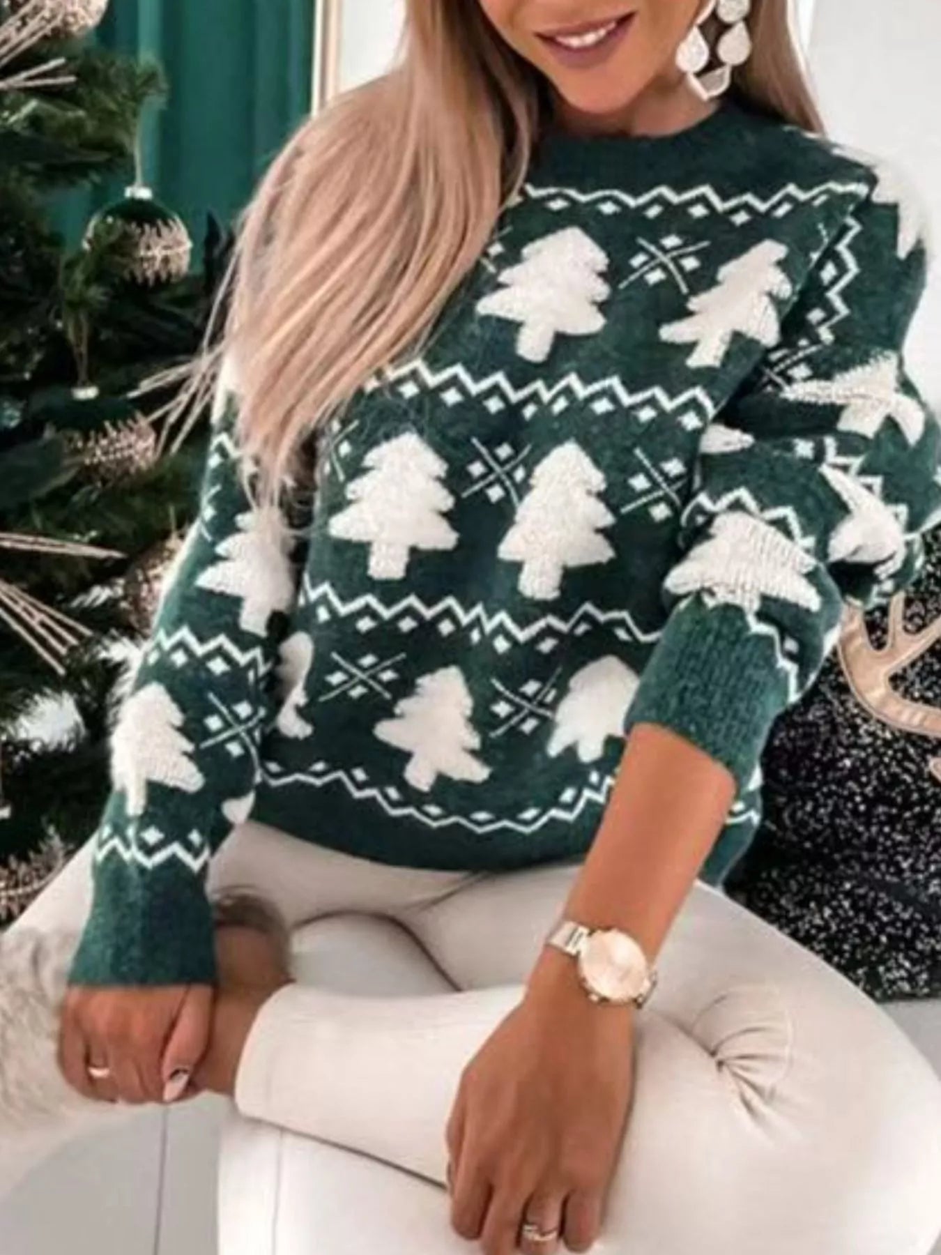 Christmas Tree Pattern Long Sleeve Sweater - Goddess Vibes