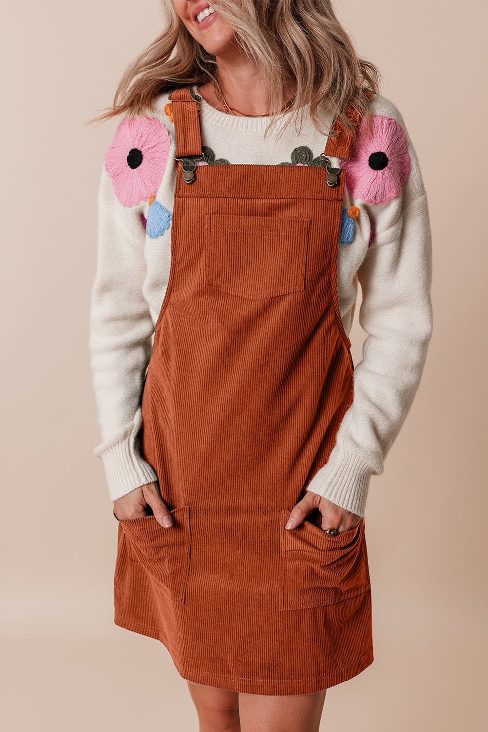 Cinnamon Solid Front Pockets Sleeveless Corduroy Overall Dress - Goddess Vibes