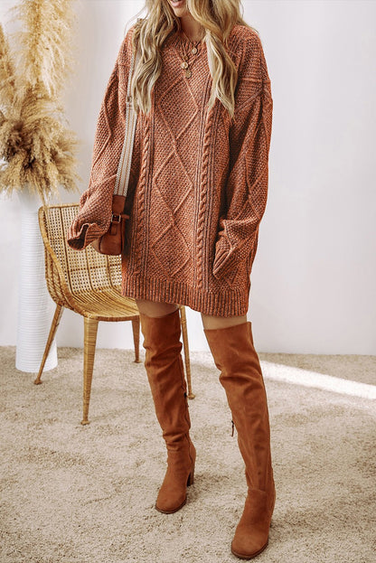 Coffee Cable Knit Drop Shoulder Loose Fit Sweater Dress - Goddess Vibes