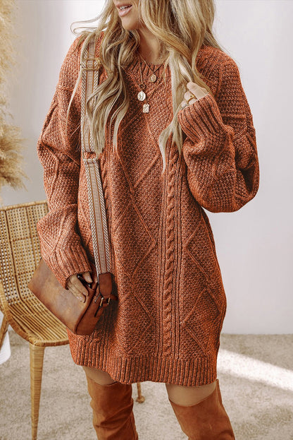 Coffee Cable Knit Drop Shoulder Loose Fit Sweater Dress - Goddess Vibes