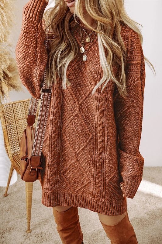 Coffee Cable Knit Drop Shoulder Loose Fit Sweater Dress - Goddess Vibes