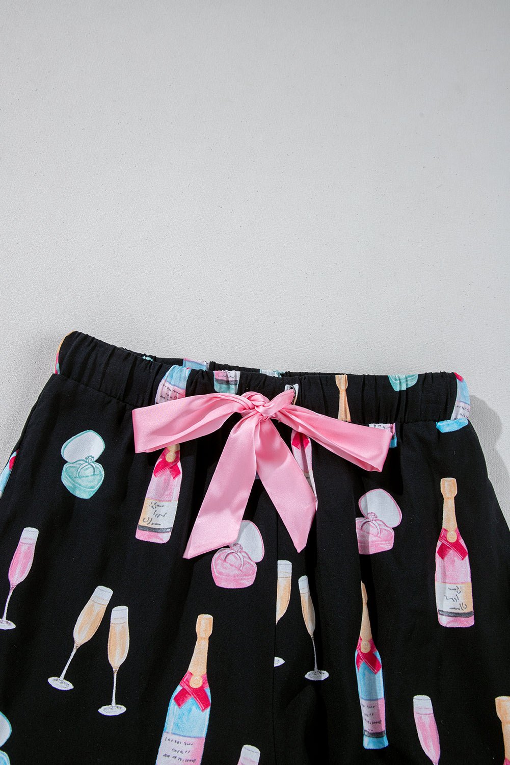 Color black Christmas Wine Glass Print Bow Knot Two Piece Pajama Set - Crowned Energy CO.