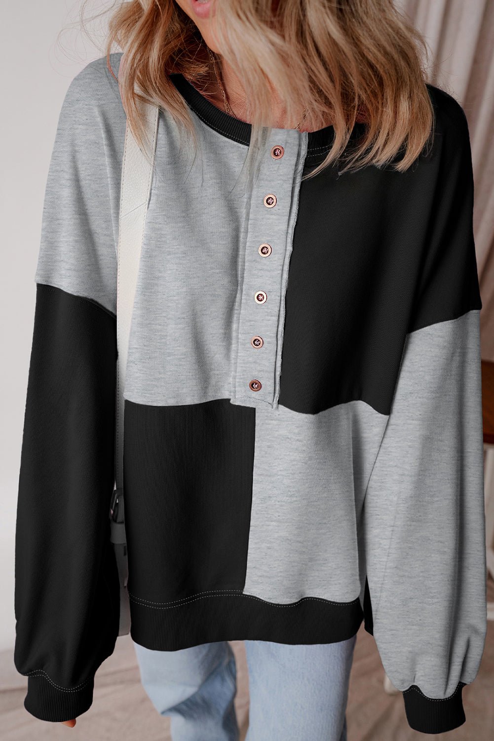 Color black Colorblock Henley High Low Oversize Sweatshirt - Goddess Vibes