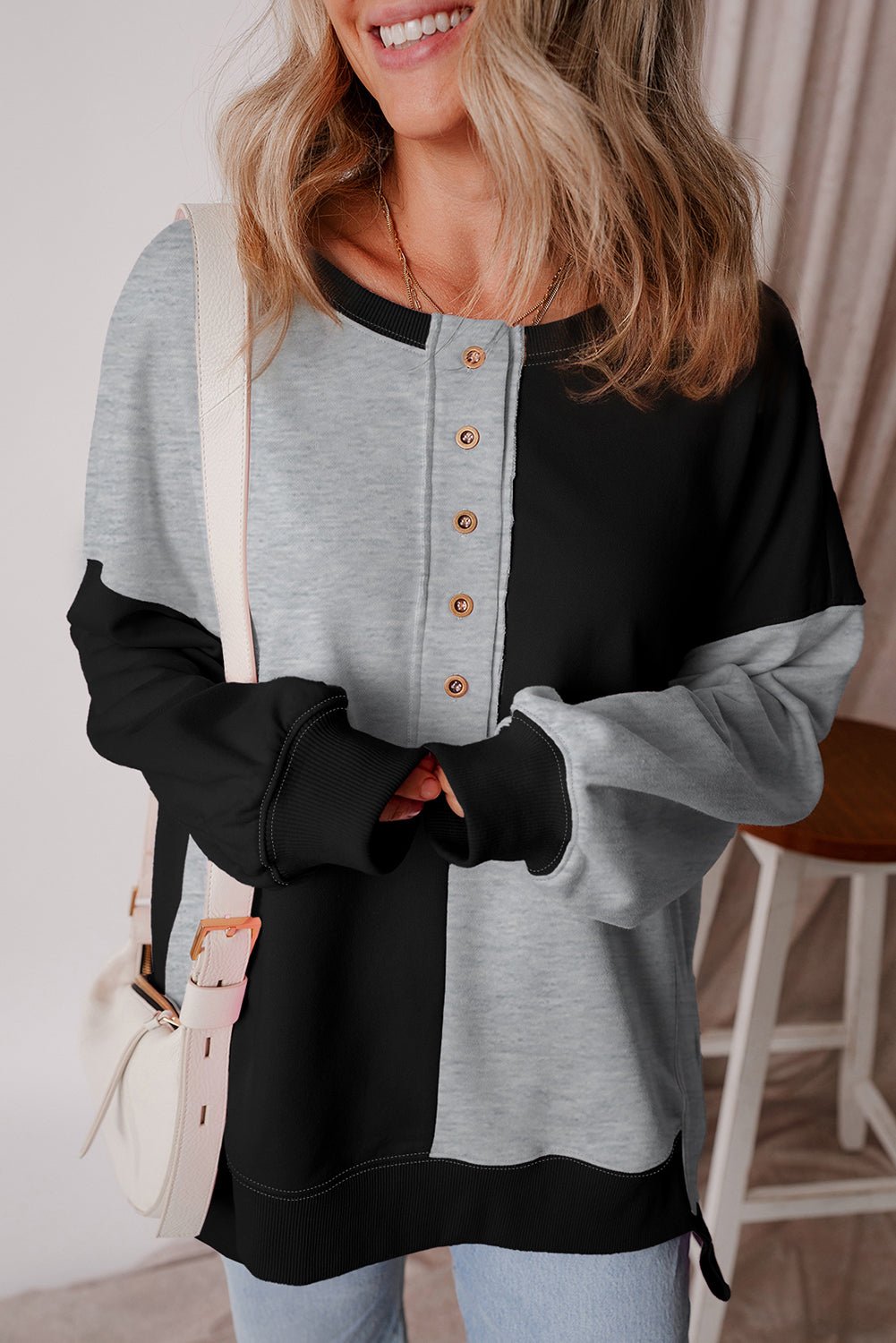Color black Colorblock Henley High Low Oversize Sweatshirt - Goddess Vibes
