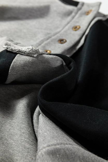 Color black Colorblock Henley High Low Oversize Sweatshirt - Crowned Energy CO.