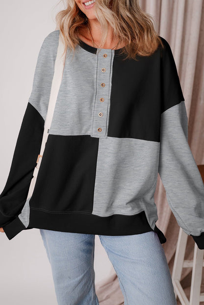 Color black Colorblock Henley High Low Oversize Sweatshirt - Goddess Vibes