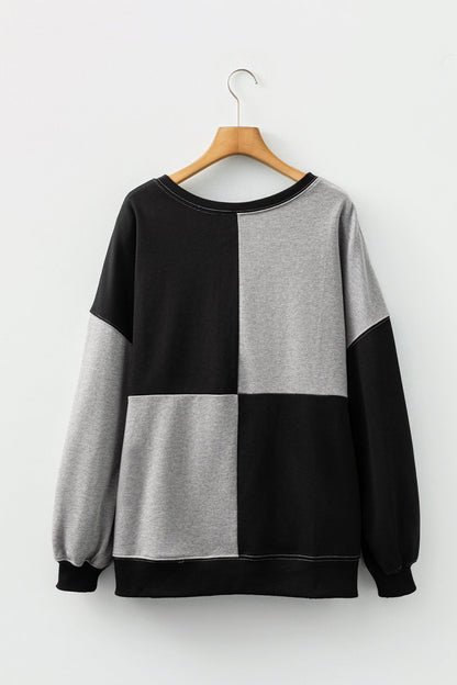 Color black Colorblock Henley High Low Oversize Sweatshirt - Crowned Energy CO.