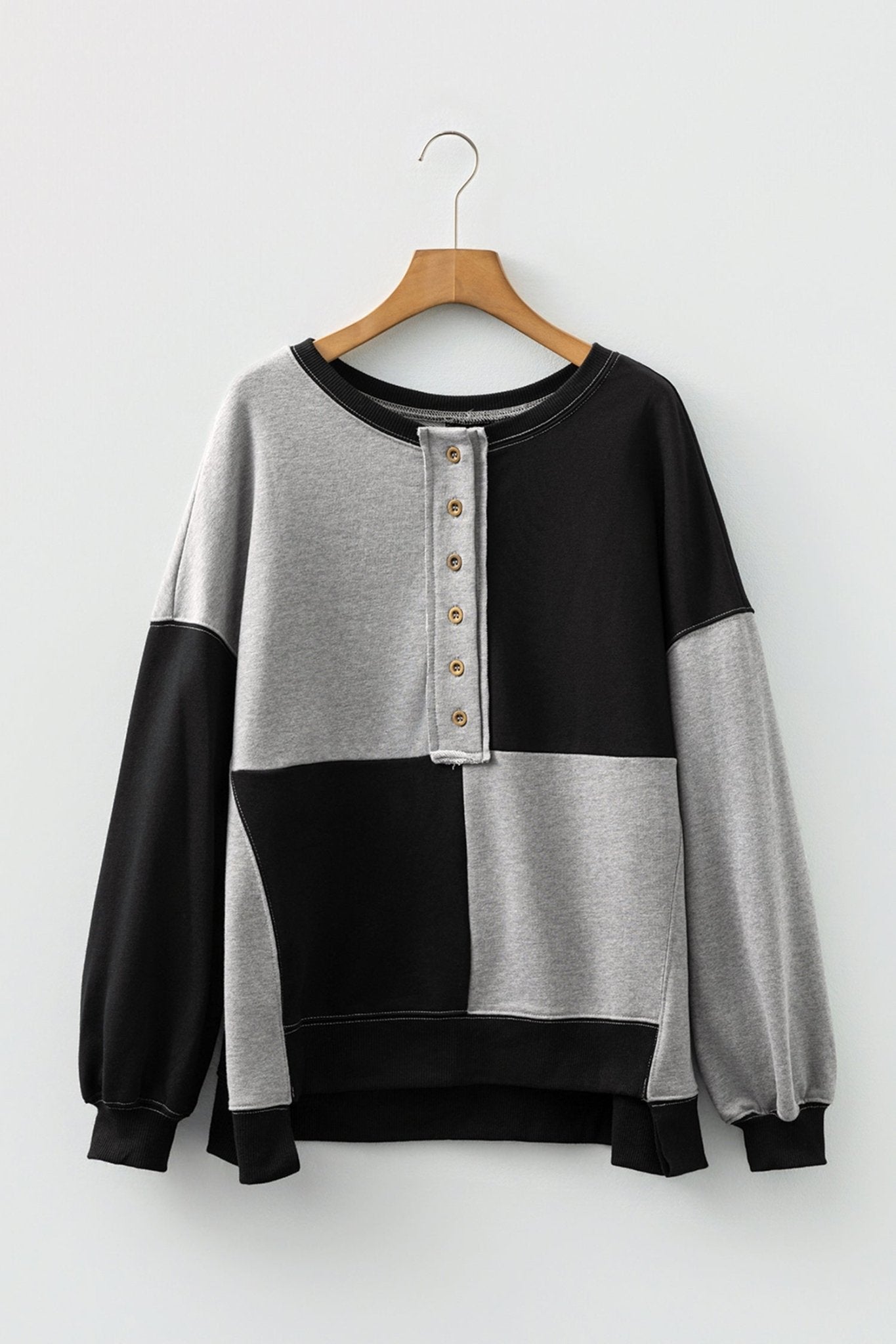 Color black Colorblock Henley High Low Oversize Sweatshirt - Crowned Energy CO.