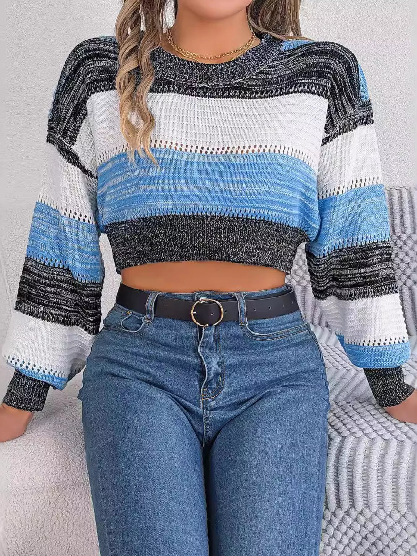 Cropped Striped Color Block Drop Shoulder Sweater - Goddess Vibes