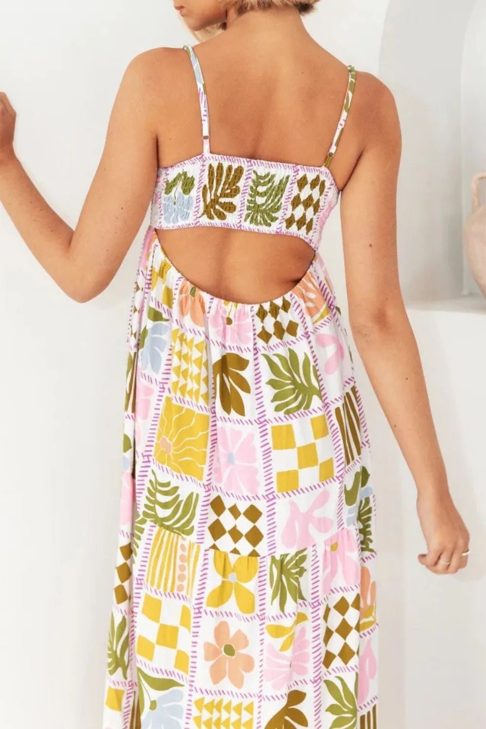 Cutout Back Printed Square Neck Maxi Cami Dress - Crowned Energy CO.