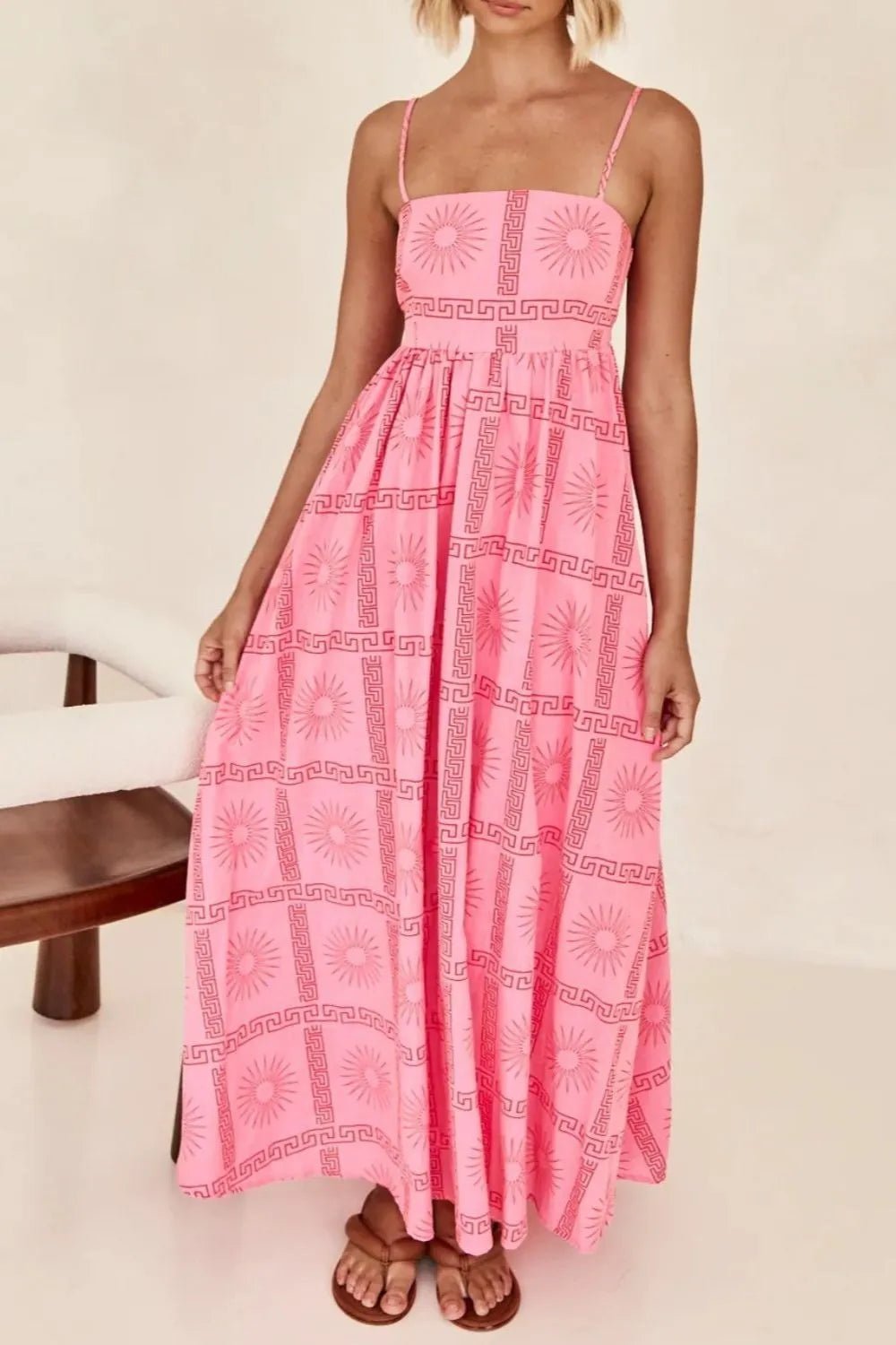 Cutout Back Printed Square Neck Maxi Cami Dress - Crowned Energy CO.