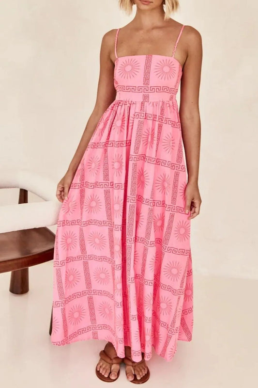 Cutout Back Printed Square Neck Maxi Cami Dress - Crowned Energy CO.