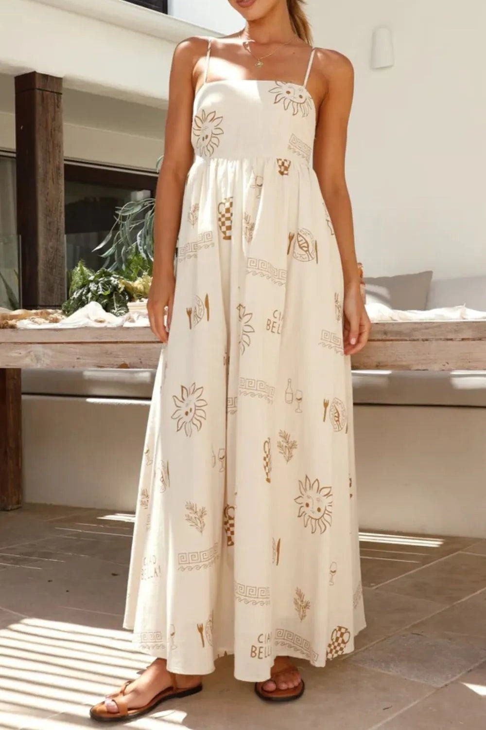 Cutout Back Printed Square Neck Maxi Cami Dress - Crowned Energy CO.