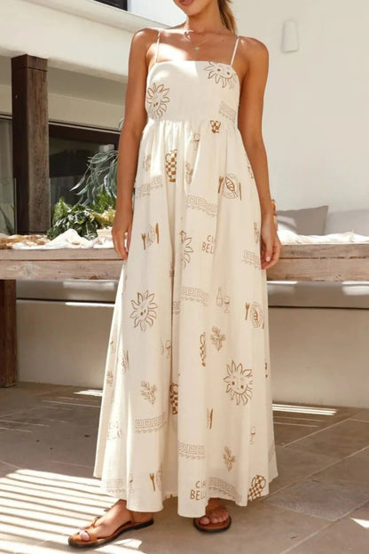 Cutout Back Printed Square Neck Maxi Cami Dress - Crowned Energy CO.