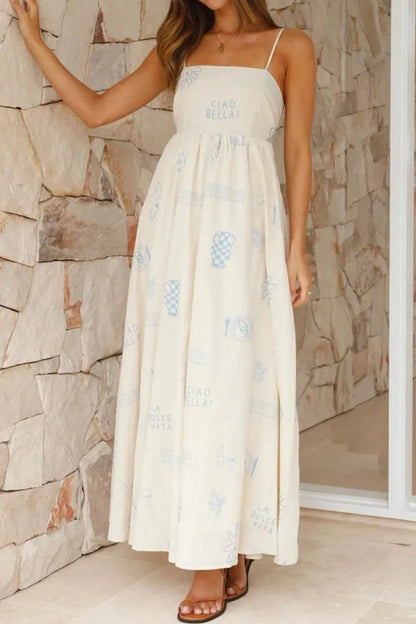 Cutout Back Printed Square Neck Maxi Cami Dress - Crowned Energy CO.