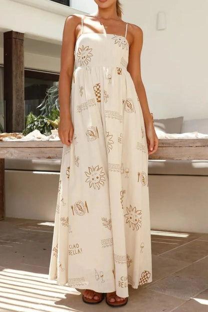 Cutout Back Printed Square Neck Maxi Cami Dress - Crowned Energy CO.