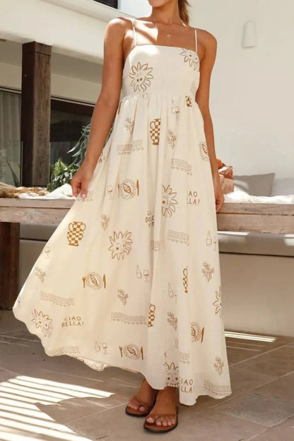 Cutout Back Printed Square Neck Maxi Cami Dress - Crowned Energy CO.