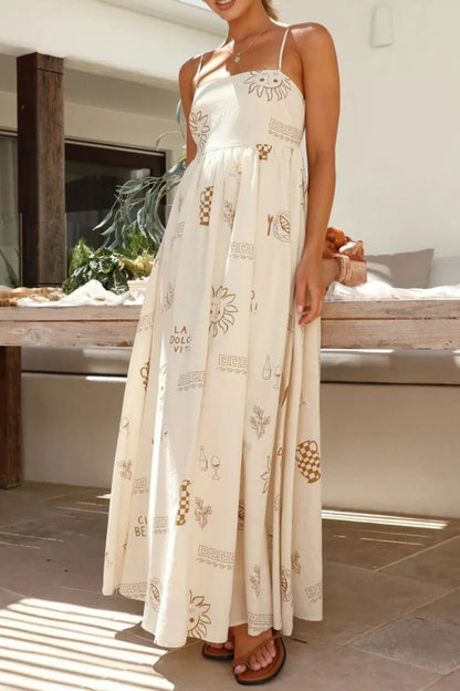 Cutout Back Printed Square Neck Maxi Cami Dress - Crowned Energy CO.
