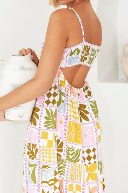 Cutout Back Printed Square Neck Maxi Cami Dress - Crowned Energy CO.