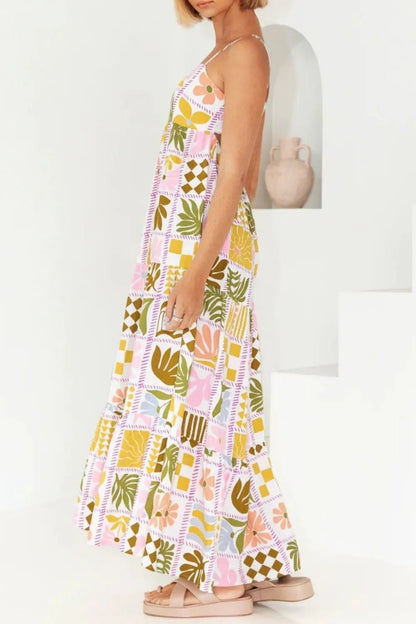 Cutout Back Printed Square Neck Maxi Cami Dress - Crowned Energy CO.