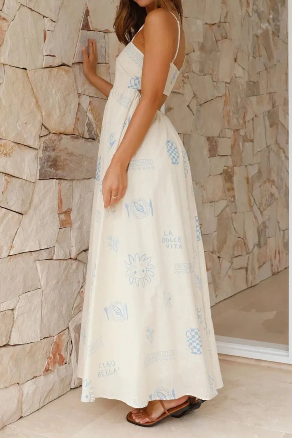 Cutout Back Printed Square Neck Maxi Cami Dress - Crowned Energy CO.