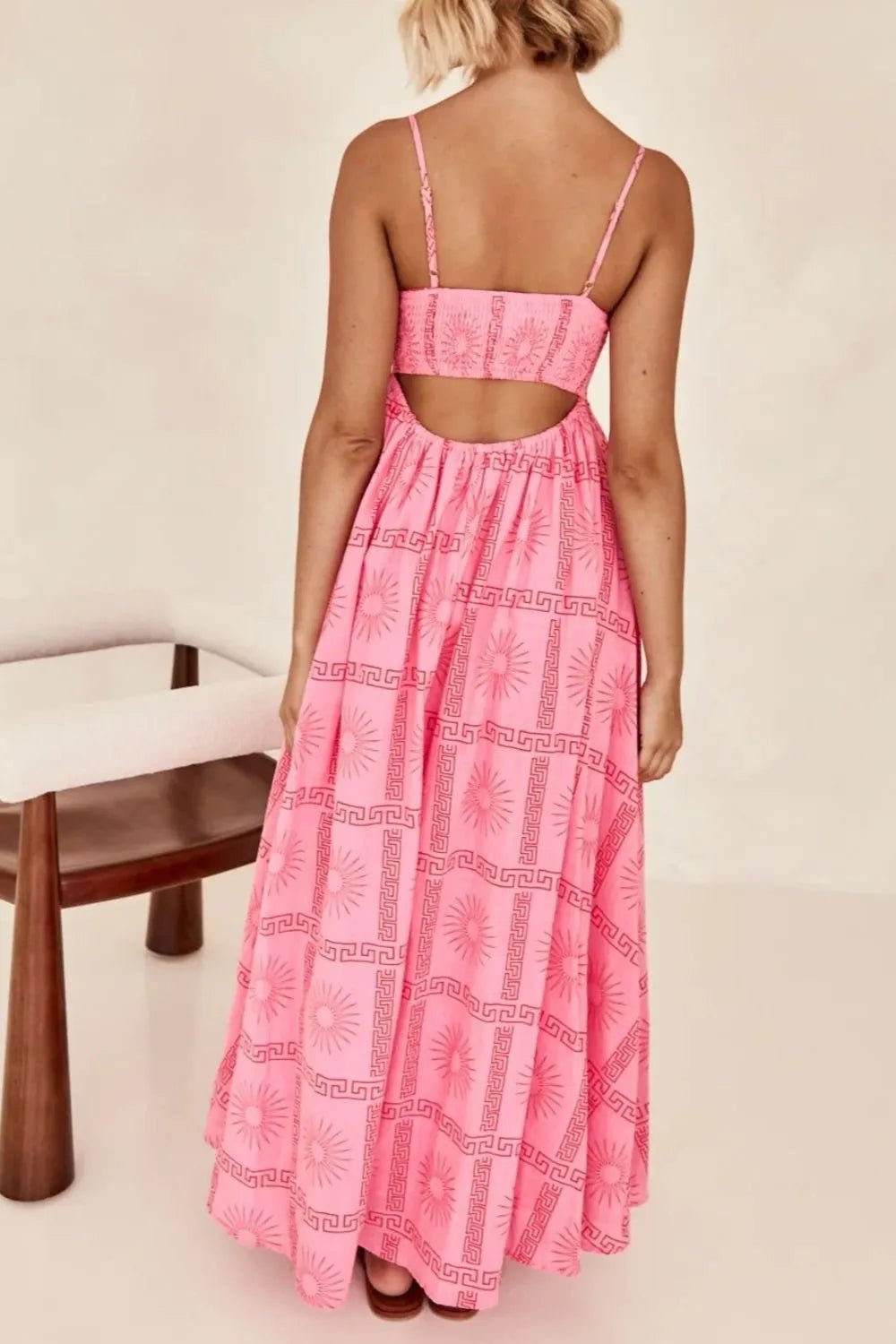 Cutout Back Printed Square Neck Maxi Cami Dress - Crowned Energy CO.